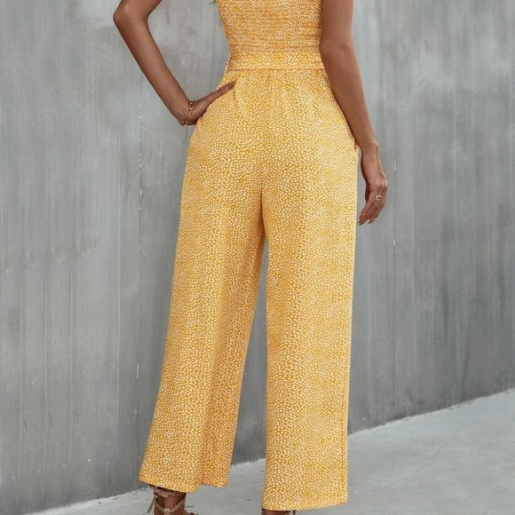 Yellow Boho Womens Allover Print Pocket Side Belted Tube Jumpsuit - Picture 6 of 9